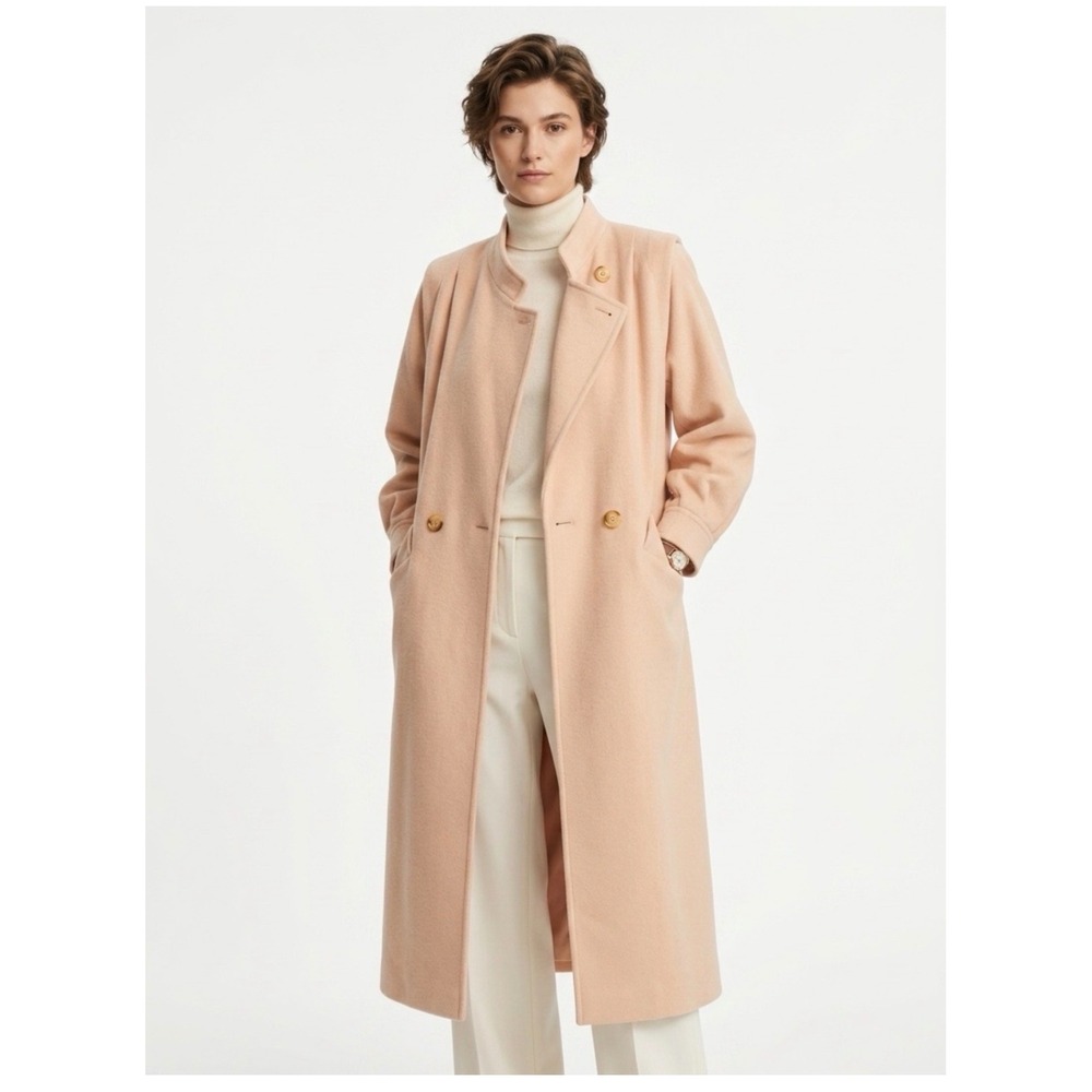 Ashley Scott Vintage Wool Blend Double Breasted Long Coat Cream Ivory USA Made